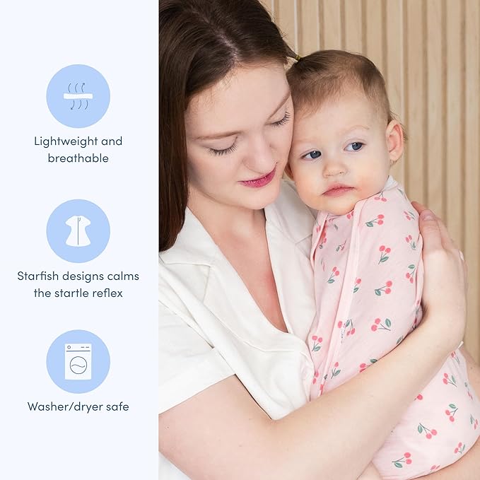 SleepingBaby Zipadee-Zip Transition Swaddle - Cozy Baby Swaddle Blanket with Zipper Convenience - Roomy Wearable Blanket for Easy Diaper Changes - Cherries, Small (4-8 Month)