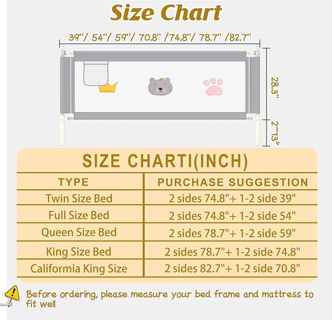 Height Adjustable Bed Rail for Toddlers, Kids Safety Baby Bed Rail for Twin/Full/King/Queen Size Bed (3 Sides, 74 * 74 * 54 Inch)