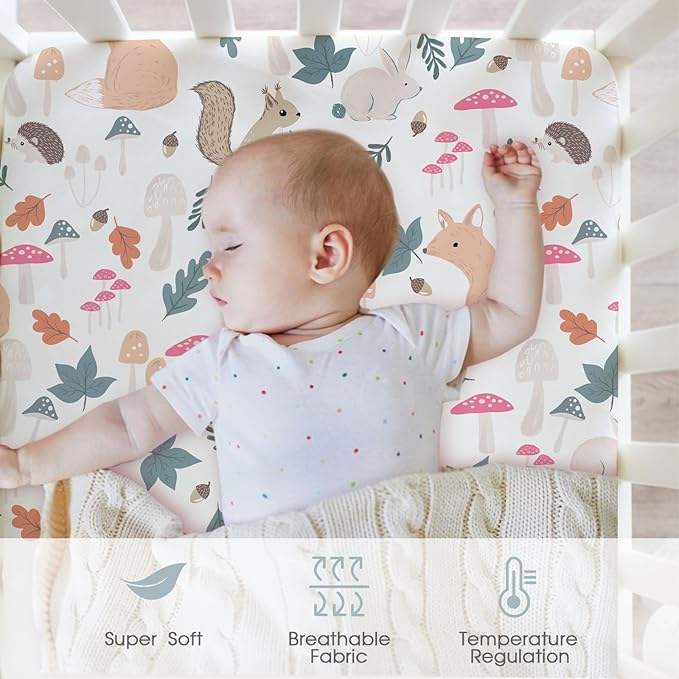 Bimocosy Crib Sheets for Boys Girls, Fitted Crib Sheet 4 Pack for Standard Crib and Toddler Mattresses, Super Soft Breathable Microfiber Baby Sheet 28x52x8in, Wetland Birds/Squirrel/Mauve/Fog Blue