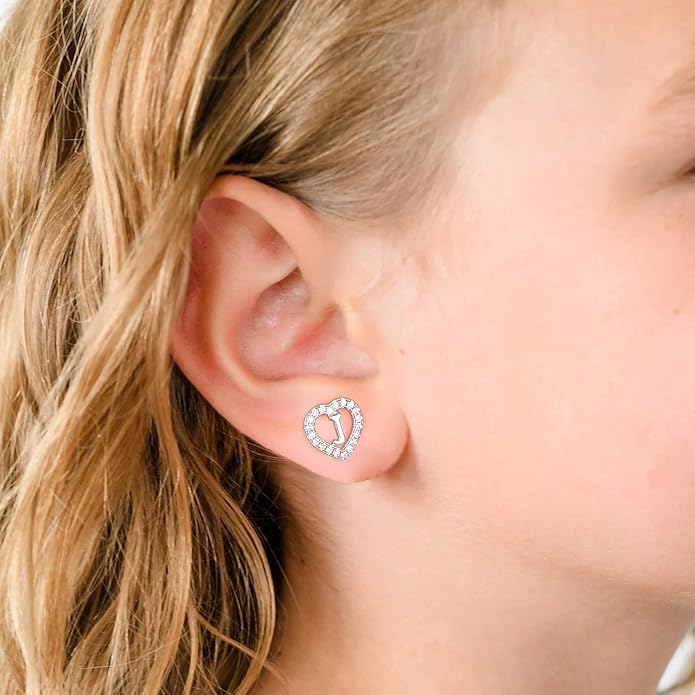 Initial Heart Earrings for Girls, Sterling Silver Post Silver/Rose Gold Heart Initial Stud Earrings for Little Girls Kids Baby Earrings Non Tarnish Hypoallergenic Earrings for Teen Girls Gifts Jewelry