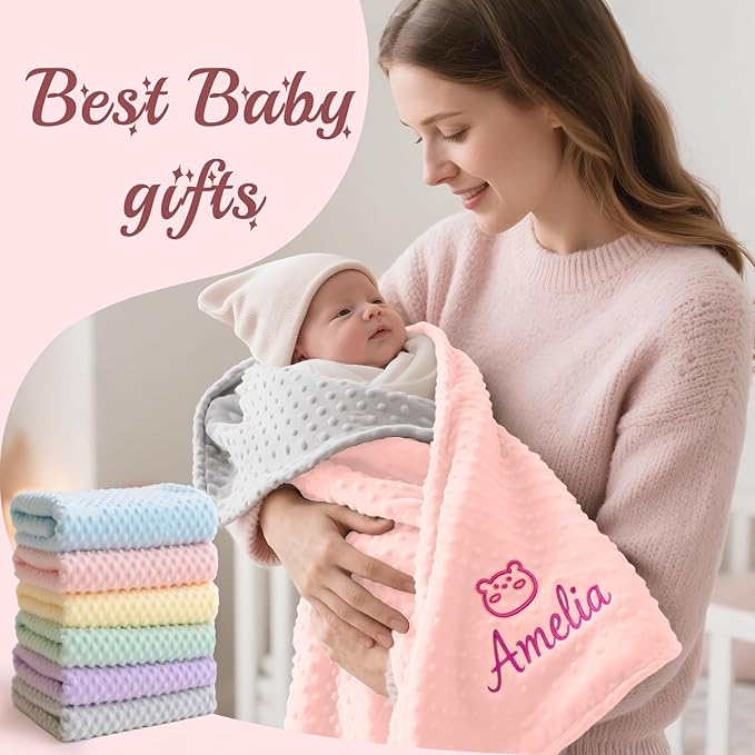 Personalized Baby Blanket with Embroidered Name, Custom Blanket for Girls Boys, Personalized Christmas Birthday for Girls Boys Newborn Essentials (Cherry-Pink)
