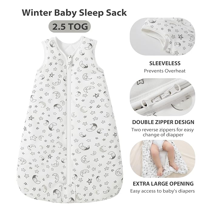 Mosebears Sleep Sack Baby Winter Wearable Blanket with 2-Way Zipper,2.5 TOG Cotton Sleep Sack Unisex (White Star, 0-6 Months)