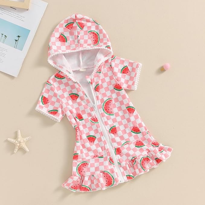 Girls Hooded Zip Terry Coverups Swimsuit Kids Baby Girl Floral Print Short Sleeve Swim Cover-Up Swimwear