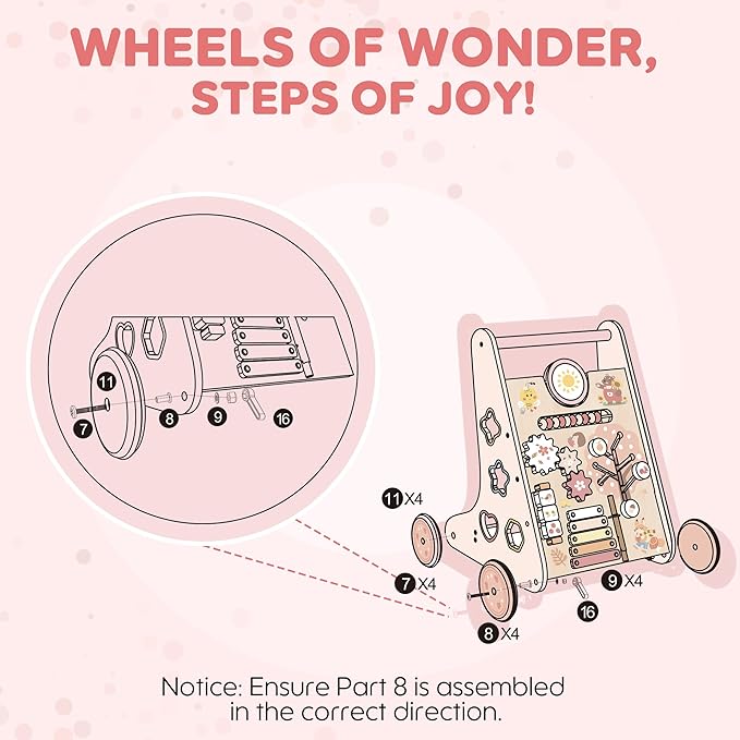 ROBUD Wooden Baby Walker, Baby Push Walker with Activity Center and Storage, Montessori Walker Toy for Boys and Girls Learning to Stand and Walk, Pink