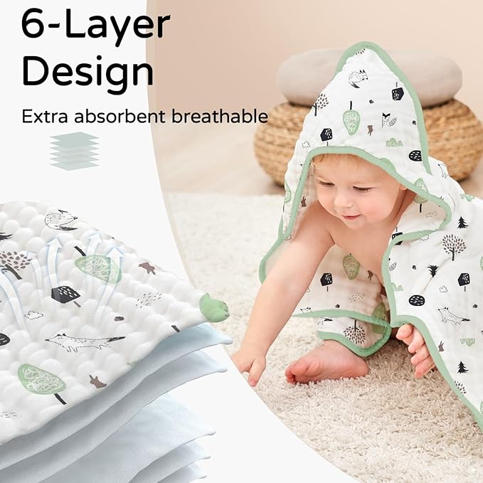 Yoofoss Hooded Baby Towels for Newborn 2 Pack 100% Muslin Cotton Baby Bath Towel with Hood for Babies, Infant, Toddler and Kids, Large 32x32Inch, Soft and Absorbent Newborn Essential