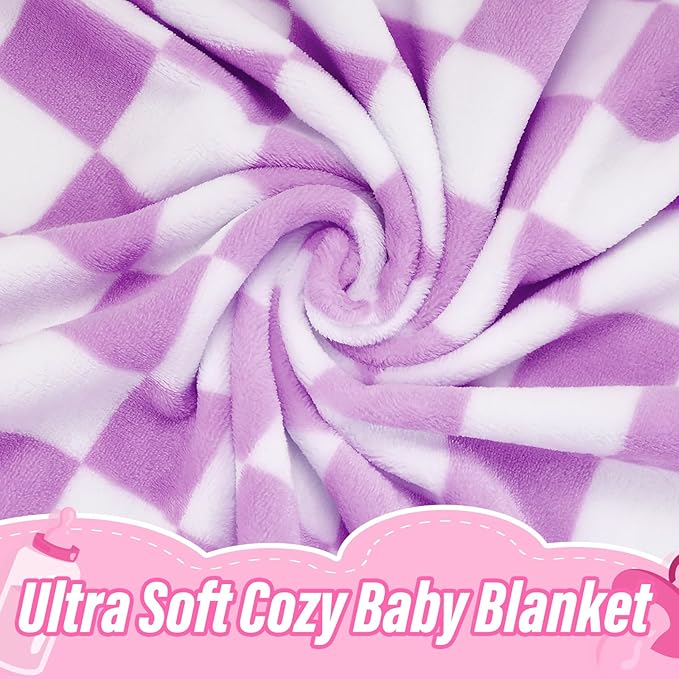 Plush Checkered Baby Blanket for Boys Girls Nursery, 30"*40" Warm Short Fleece Blanket Neutral for Infant Newborn, Small Fuzzy for Sleeping, Chenille or Stroller (Purple&White)