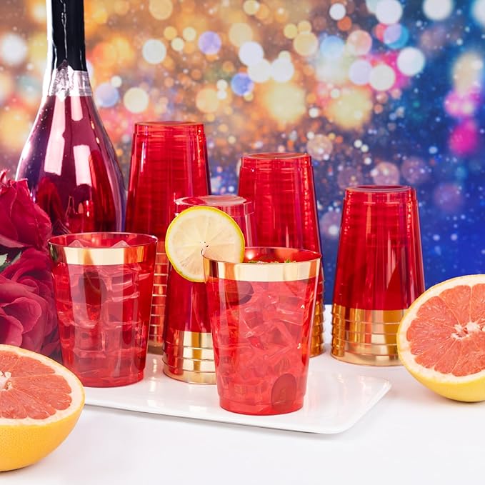 supernal 100 Pcs Red Plastic Cups - 10 Oz Clear Disposable Cups with Gold Trim,Clear Red Plastic Cocktail Glasses Perfect for Weddings,Birthday,Parties & Elegant Events,Disposable Party Cup
