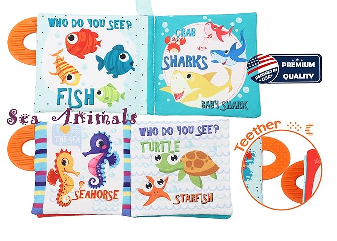 High Contrast Baby Books, Black and White Cloth Crinkle Books for Babies Infant Toys 0-3-6-12-18 Months, Shower Baby Gifts, Teething Teether Sensory Toy for Boys Girls, Fish, 2PCS
