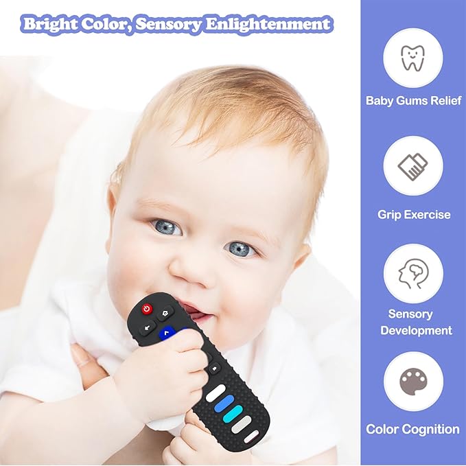2 Pack Baby Teething Toys, Food Grade Silicone Teethers for Babies 18+ Months, TV Remote Shape Teething Toy and A New Type Grip Teether, Chew Toys for Boys and Girls, Freezer BPA Free