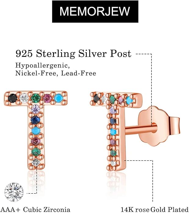 Memorjew Initial Stud Earrings for Women, Hypoallergenic 925 Sterling Silver Post Rainbow Cubic Zirconia Gold Plated 26 Initial Earrings for Women Jewelry Gifts