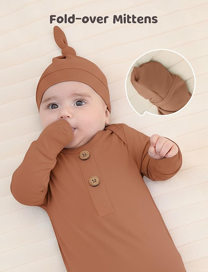 PATPAT Baby Sleeper Gown with Bamboo Viscose for Newborn Girls Boys, Knotted Nightgown with Mittens for Infant Home Coming