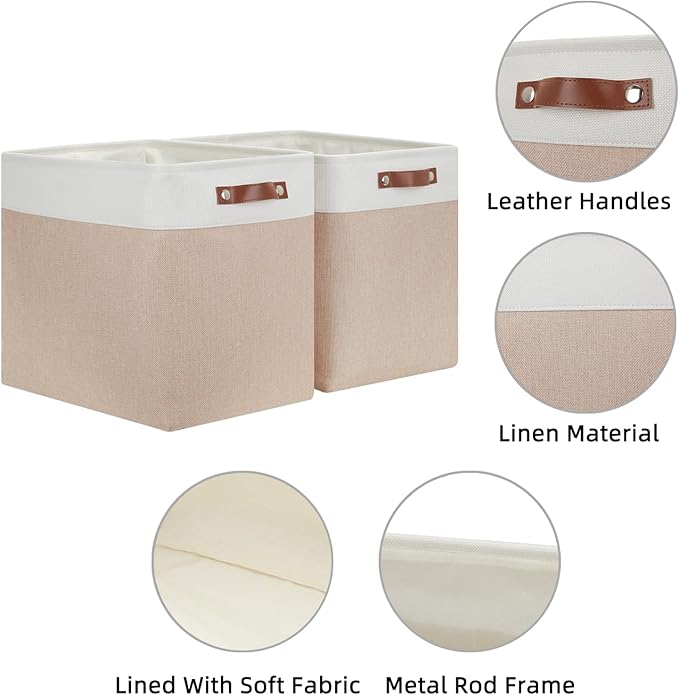 HNZIGE Large Fabric Storage Basket for Shelves, Rectangular Storage Bins Baskets for Storage, Canvas Collapsible Storage Bins with Handles for Organizing Home, Closet(White Beige)