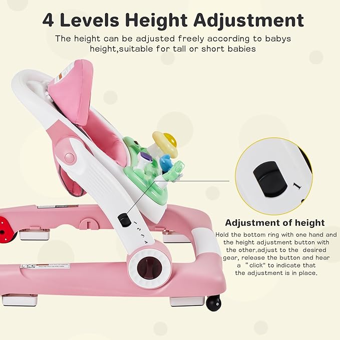 Baby Walker with Wheels, 5 in 1 Walker for Baby Boy Girl 6-12 Months with Bouncer, Music and Lights Baby Jumper Activity Center, Adjustable Height Speed, Push Walker for Ages 6-18 Months Toddler