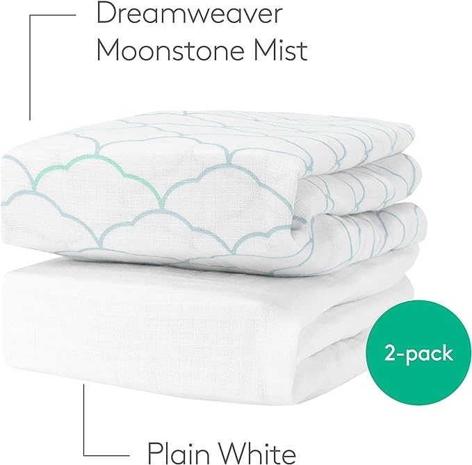 Newton Baby Organic Fitted Crib Sheets - Ultra Breathable and Soft, 100% Organic Muslin Cotton, Dreamweaver Print in Moonstone Mist + Solid White, Fits All Standard Cribs