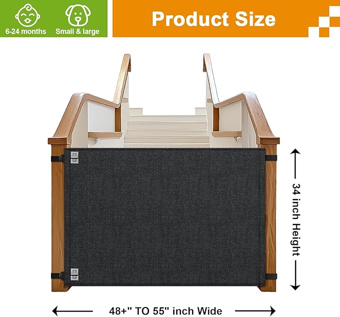 Baby Fabric Gate for Stairs Banisters - Dog and Pet Safety Barrier Gates for Stairway - No Drill Banister to Banister Baby Kids Gates for Stairs (Dark Gray, Wide 48" to 55" Height 34")