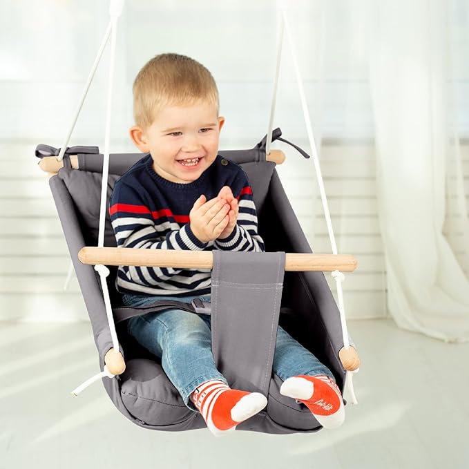 CaTeam Canvas Toddler Swing – Indoor/Outdoor Hanging Chair for Patio & Playroom with Safety Belt – Wooden Baby Seat for Ages 12+ Months – Dark Gray