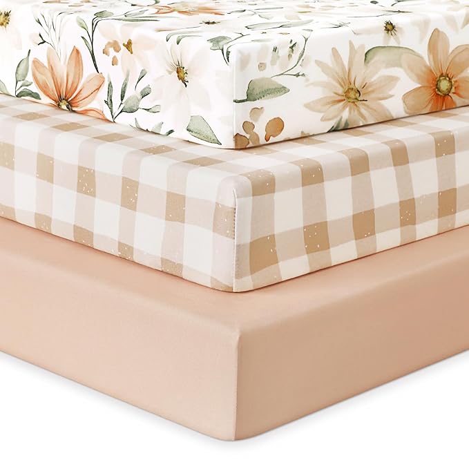 Baby Crib Sheets for Boys Girls, Fitted Crib Sheet Neutral 3 Pack for Standard Crib and Toddler Mattress, Breathable Soft Microfiber Baby Sheet 28x52x8in Orange Flowers & Plaid
