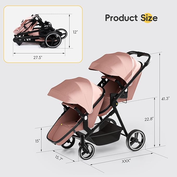 MU Double Stroller, Foldable Twin Tandem Stroller with Adjustable Backrest, Reversible Seat, 5-Point Harness, Storage Basket, Convertible Baby Bassinet for Infant and Toddler, Pink