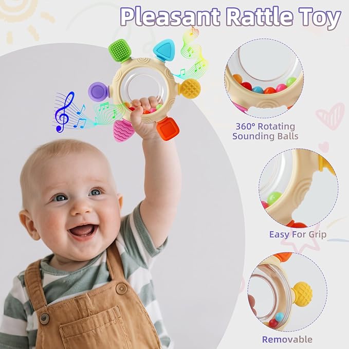 Baby Teething Rings Toys for 0-6 6-12 Months Baby Rattle Teether Sensory Toys for Babies 0-24Months Silicone Teether Relief Chew Soothing Sore Gums for Newborn Infant Essentials BPA Free