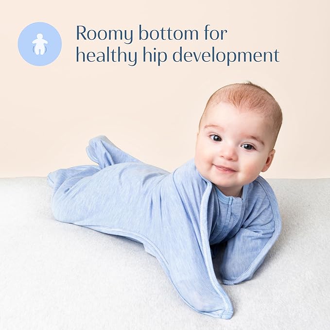 SleepingBaby Zipadee-Zip Transition Swaddle - Cozy Baby Swaddling Blanket with Zipper Convenience - Roomy Wearable Blanket for Easy Diaper Changes - 4-8 Month - Baseline Blue Heather