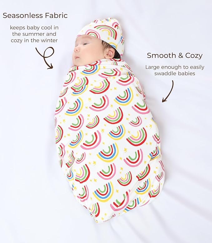 Newborn Swaddle Blanket with Hat Set,Unisex Baby Receiving Blanket Nursery Wrap for Girls and Boys, Viscose Made from Bamboo Rainbow One Size