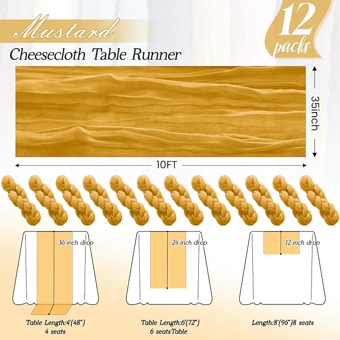 12Pack Gold Table Runner 35 x 120 inch Cheesecloth Table Runner 10FT Boho Fall Table Runners Rustic Gauze Cheese Cloth Table Runners for Party Wedding Birthday Dining Bridal Shower Baby Shower Decor