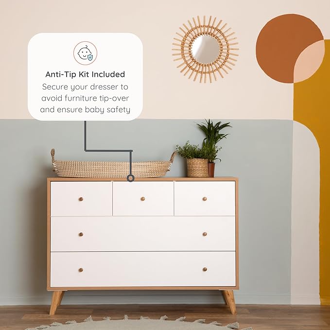 dadada Austin 5-Drawer Dresser for Nursery and Bedroom - Modern Design, Large Storage, Baby-Safe Finish, Anti-Tip Safety, Solid Wood Feet, Durable Construction (White+Red Oak)