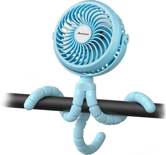 AMACOOL Battery Operated Stroller Fan Flexible Tripod Clip On Fan with 3 Speeds and Rotatable Handheld Personal Fans for Car Seat Crib Bike Treadmill (Blue)