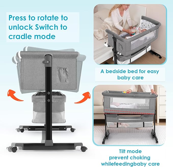 Baby Bassinet, Baby Basinet Bedside Sleeper, Easy to Fold Portable Crib Side Bassinet 2025new Style Girl/boy bassinets(Light Grey)