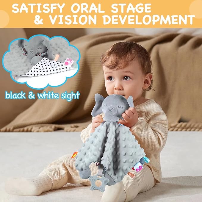 Baby Security Blanket with Tags Teether Elephant Blanket Soft Baby Blankets for Boys and Girls Baby Stuff for Newborn Toys Snuggle Toy Baby Lovey Dotted Blanket Elephant Soothing Toy