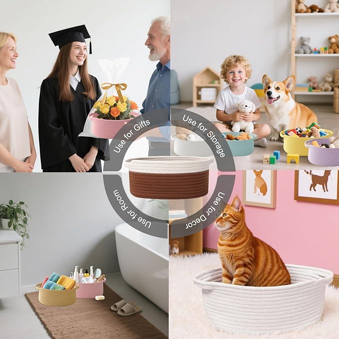 Gift Basket with Gift Bag and Ribbons,Small Rope Woven Shelf Storage,Baskets for Gifts Empty,Birthday,Shower,Decorative Organizer Box for Cat Dog Pet with Handles(White&Brown)