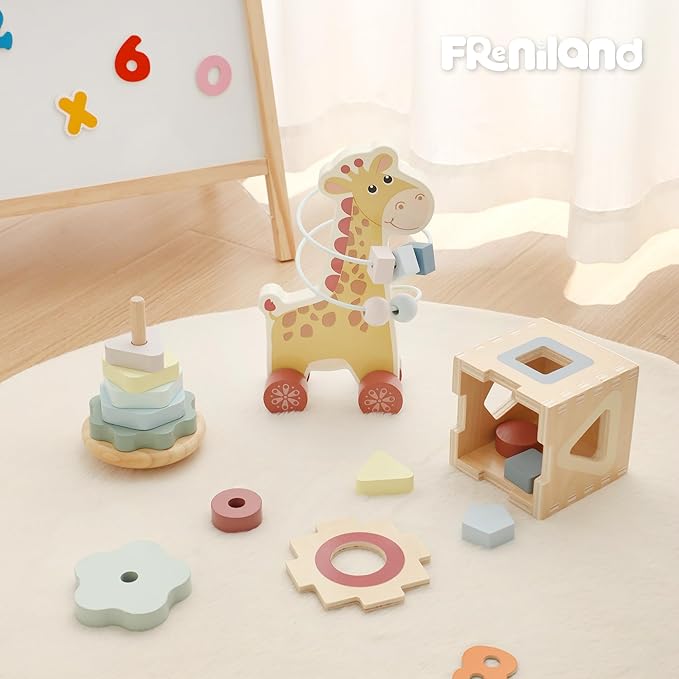 FReniland Montessori Toys for 1 Year Old,3-in-1 Wooden Baby Toys,Wooden Stacking Toy,Toddler Shape Sorting Cube, Giraffe Ring Toy,Newborn Baby Gift Sets for Boys and Girls