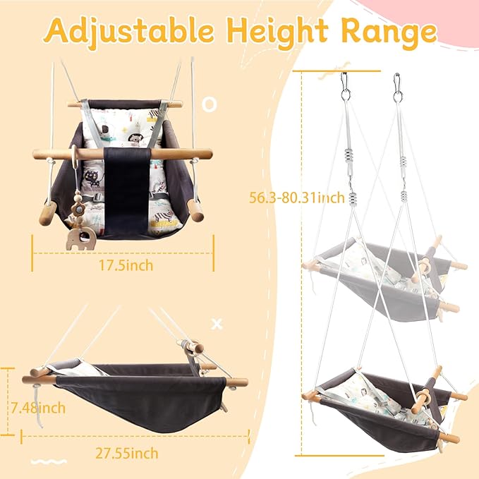 Baby Swing Outdoor Indoor for Infants to Toddlers, Portable Adjustable Baby Porch Swing with 5-Point Safety Belt, Kids Tree Hanging Chair Toys for Door Garden Backyard