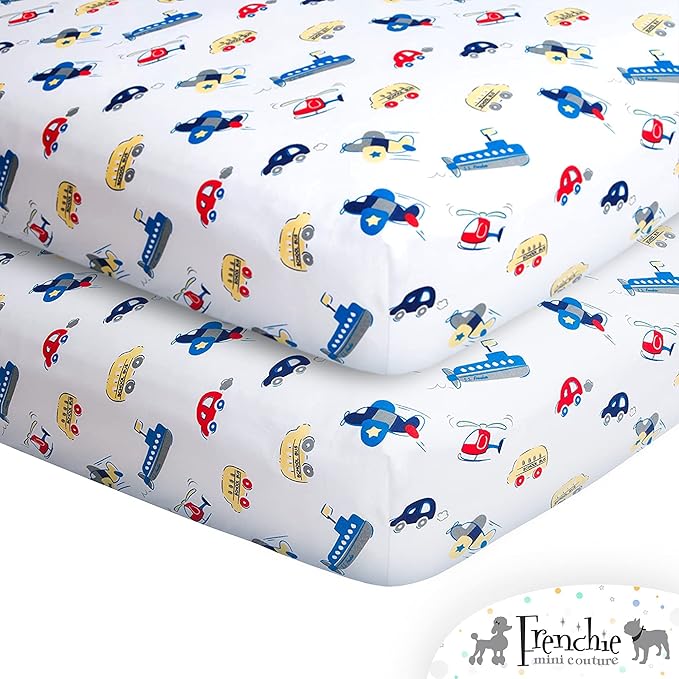 Boys Pack N Play Sheets, 100% Cotton, Cars, Boats, Planes, 27 x 39in, 2-Pack