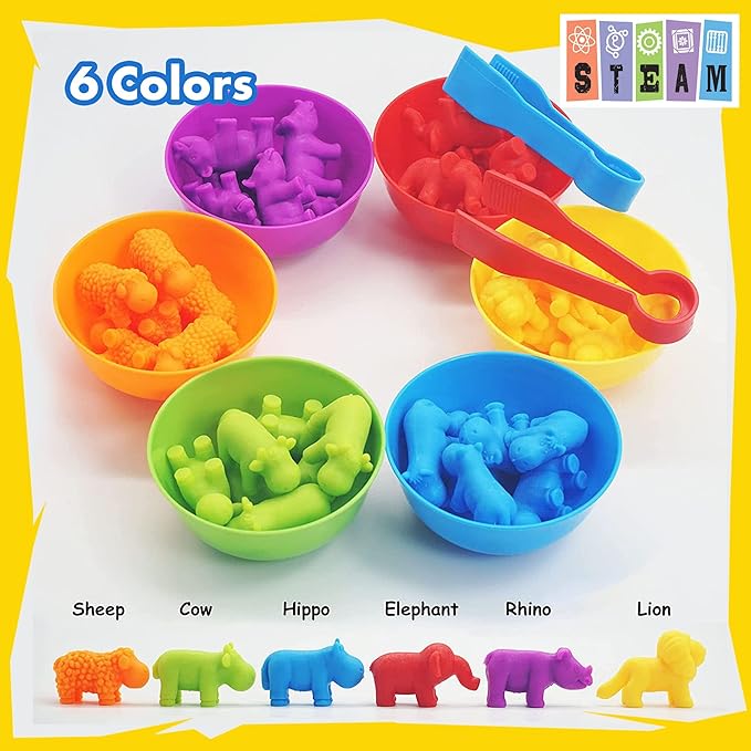 UNIQUE KIDS Counting Educational Learning Toy Set with Sorting Cups – Engaging Sensory Color Classification Training Game for Toddlers and Preschoolers Ages 3 and Up (Animals)