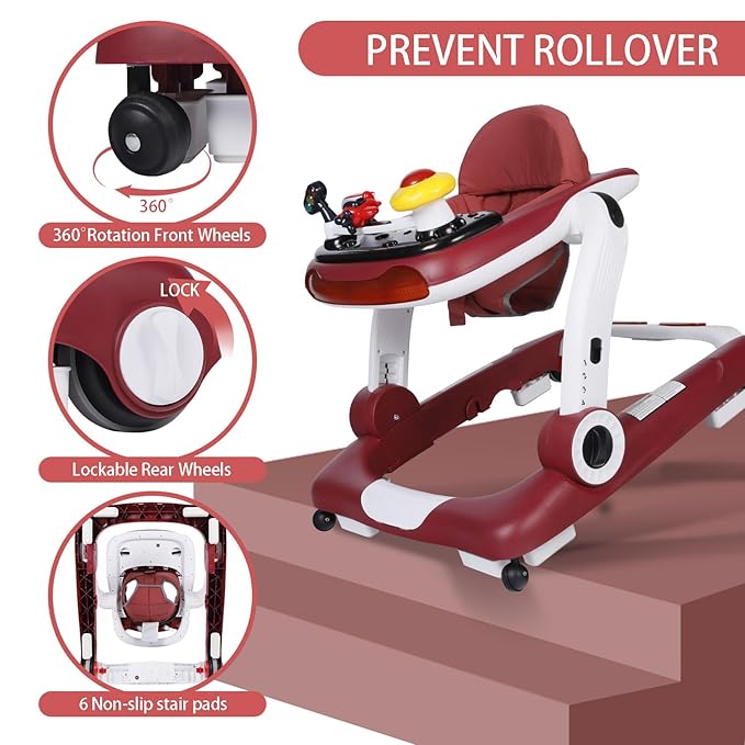 Kinder King Baby Walker with Music & Lights, 5 in 1 Baby Bouncer Activity Walker, Adjustable Height & Seat, Learning-Seated & Toddler Walk-Behind, Safety Bumper, Infant Walker Anti-Rollover, Red