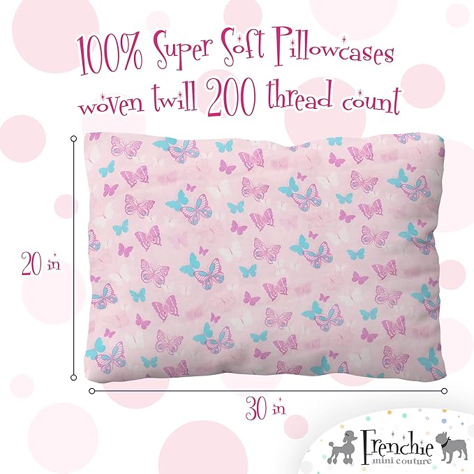 3-Piece Kids Twin Sheets Bedding Set, 100% Woven Cotton, Includes Deep Pocket Bed Sheet (39 x 75 x 15in) + Flat Sheet (66 x 96in) + Pillowcase (20 x 30in) Butterfly