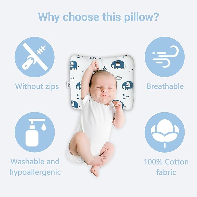 Unisex Soft and Breathable Baby Pillow 100% Organic Cotton Machine Washable Prevent Flat Head