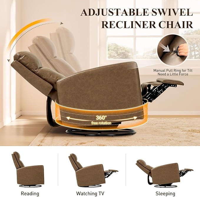 COLAMY Recliner Chair, PU Leather 360° Swivel Rocker Recliner, Nursery Glider Recliner with Ergonomic High Backrest and Upholstered Deep Seat for Living Room, Bedroom, Color Brown
