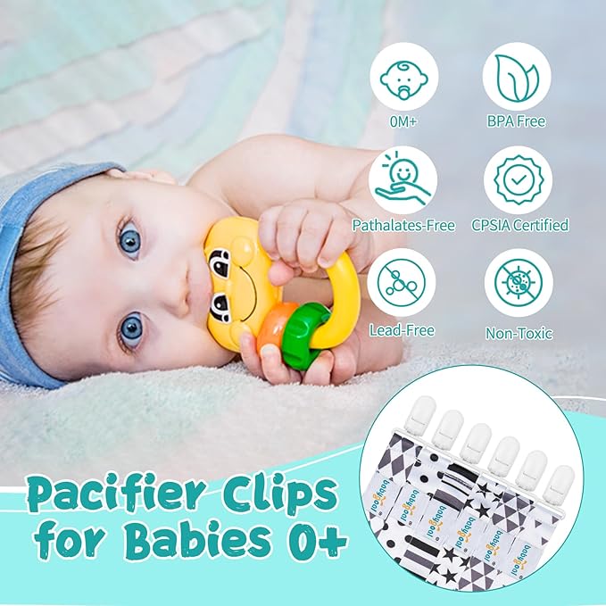 Babygoal Neutral Pacifier Clips, 6 Pack Binky Paci Holder Clips and Leash for Boys and Girls Fits for Most Pacifier, Binkie Styles & Baby Teethers & Toys and Gift 6PB05