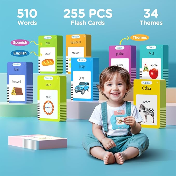Spanish & English Talking Flash Cards for Toddlers, Pocket Speech Therapy Toys with 510 Words, Montessori Language Learning and Autism Toys, Children's Sensory Learning Device Gift (Blue)