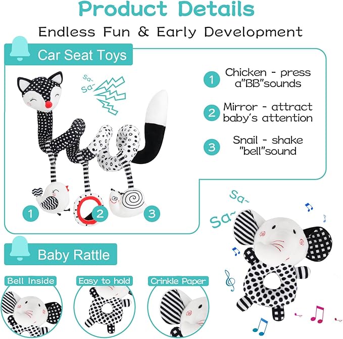 3 Pcs Car Seat Toys for Babies 0-6 Months,Black and White Baby Hanging Rattle Toys for Crib Mobile,High Contrast Baby Toys for Newborn Toys,Infant Sensory Toy Best Gift for 0-6 6-12months