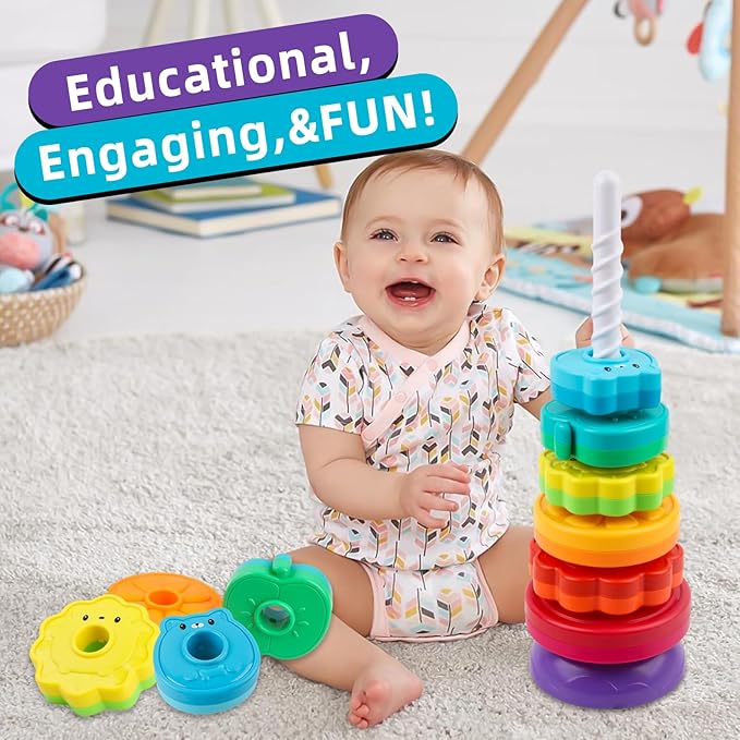 Spinning Stacking Toys for Babies 12+ Month Rainbow Ring Flowers Animals Fruits Theme Stacker ABS Toys for Toddlers 1-3 Montessori Educational Learning Sensory Toy,Stacking Toy for Kids