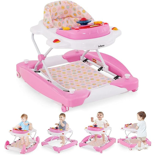INFANS Baby Walker, 5 in 1 Behind Walker Learning Seated Rocker Bouncer with Removable Music Tray, Adjustable Height, Washable Seat Cushion, Foldable Activity Center for Toddlers (Pink)