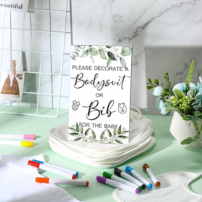 Roowest 35 Pcs Baby Shower Bibs Games Design Wooden Baby Shower Party Game Sign DIY Bodysuit Sign 15 White Blank Feeder Bibs 9 Newborn Bodysuit 10 Markers for Boys Girls(Greenery)