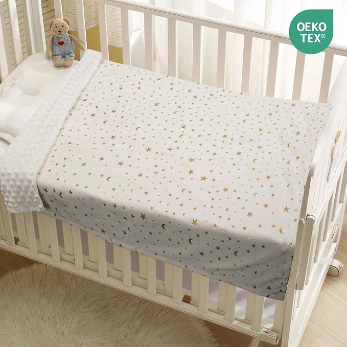 Baby Blanket for Boys Girls Soft Minky with Double Layer Dotted Backing, Star and Moon Printed 30 x 40 Inch Receiving Blanket (Beige)