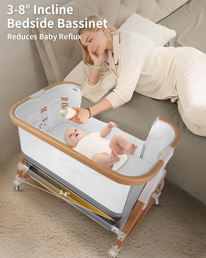 4 in 1 Baby Bassinet, Bassinets Bedside Sleeper with Wheels and Storage Basket, Adjustable 7 Heights Bedside Sleeper with Mosquito Net, Breathable Mesh Rocking Bassinet for Baby (Grey)