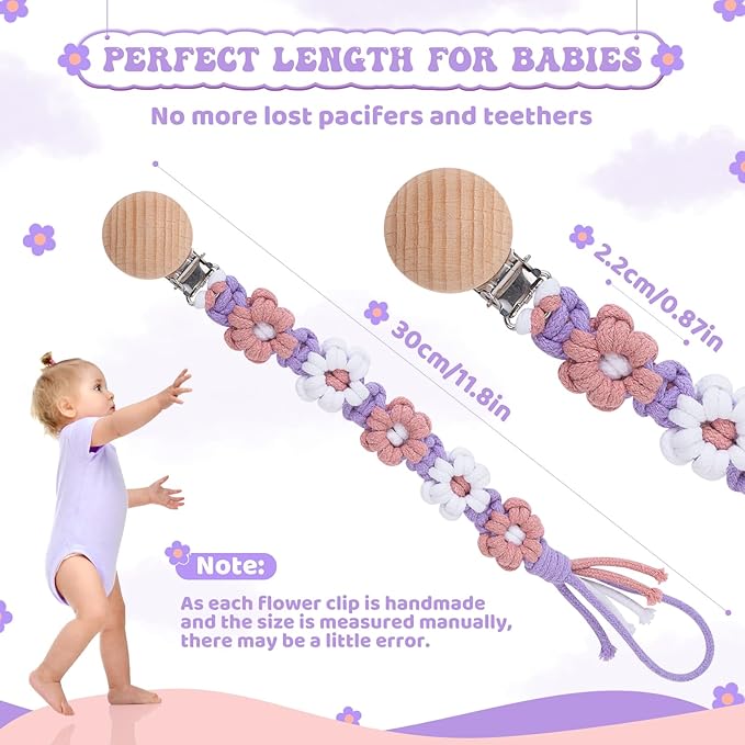 Pacifier Clip for Boys Girls Floral Daisy Macrame Baby Paci Clip Pacifier Holder Leash Boho Wooden Clips Handmade Braided Cotton Binky Clips (1pack:Lavender Style)