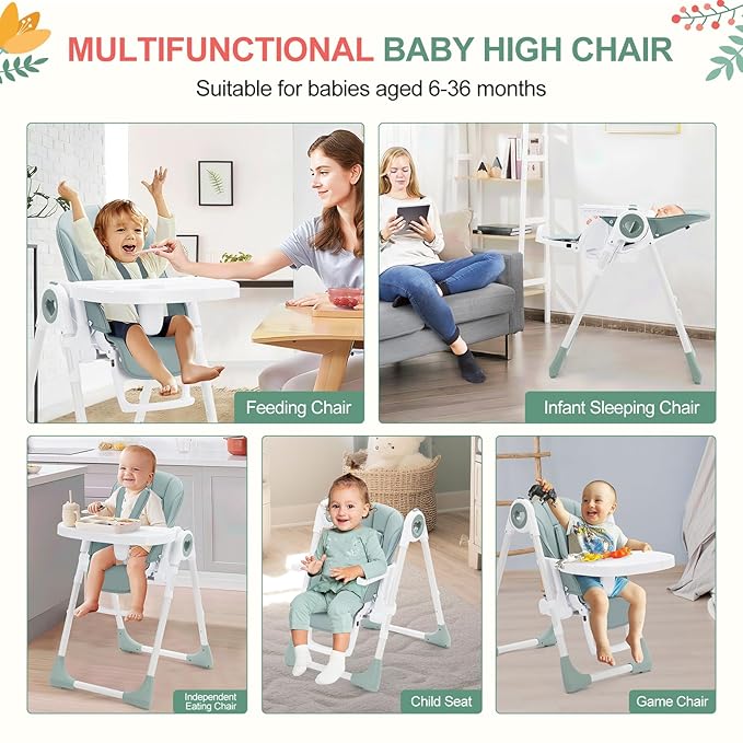 Baby High Chair for Toddlers 1-3 Years Old, Foldable Baby High Chair with Removable Tray, Lightweight Folding Chair with 5-Point Safety Harness, Multiple Recline Positions & Compact Design