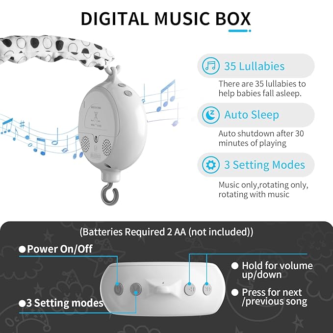 FEISIKE Baby Crib Mobile, Crib Toys Hanging with 35 Lullabies, 3 Modes Digital Musical Box(Turn Only, Music Only, Turn & Music Newborn Baby Toys Black/White for Boys and Grils